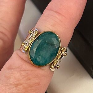 BOHO Amazonite Gold beaded hammered 925 SterlingSilver Ring size 7